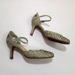 NINE WEST Lattice Weave Heeled Sandals with Ankle Strap in Mint Green Leahter